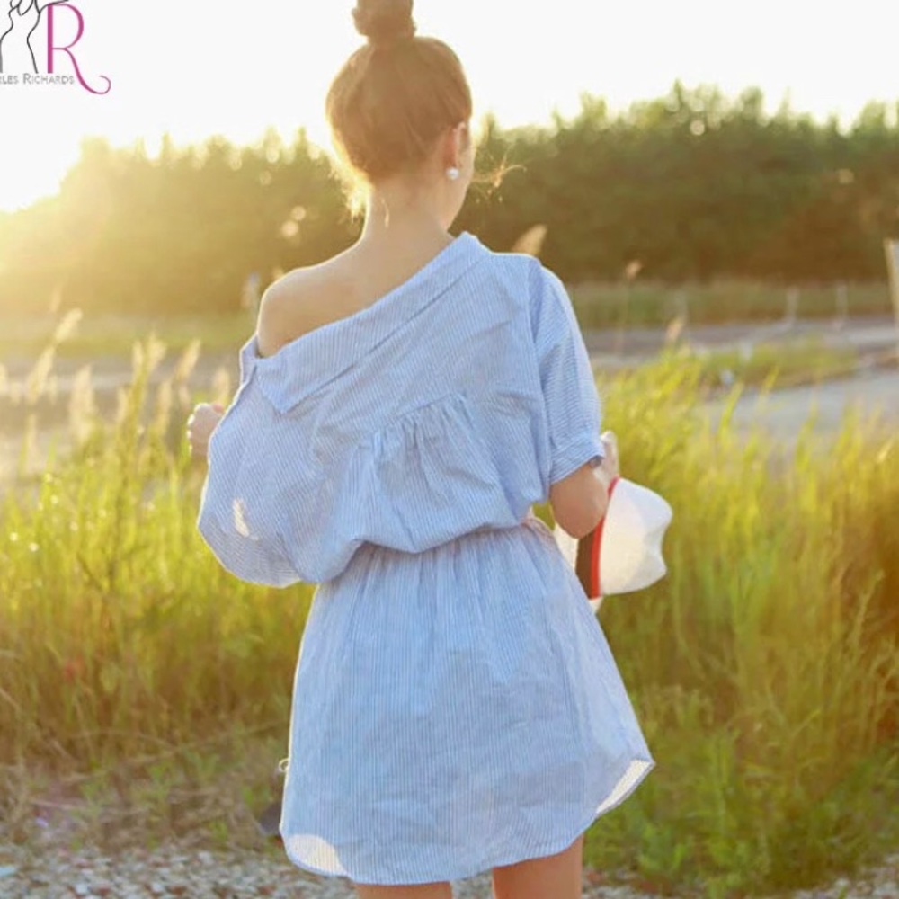 Blue and White Striped Casual One Shoulder Dress